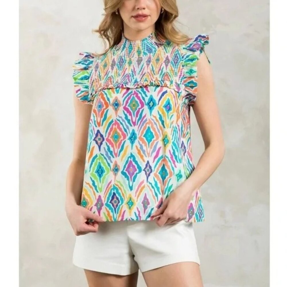 THML Womens Sleeveless Smocked Blouse Multi-Color Geometric Pattern - Picture 2 of 11